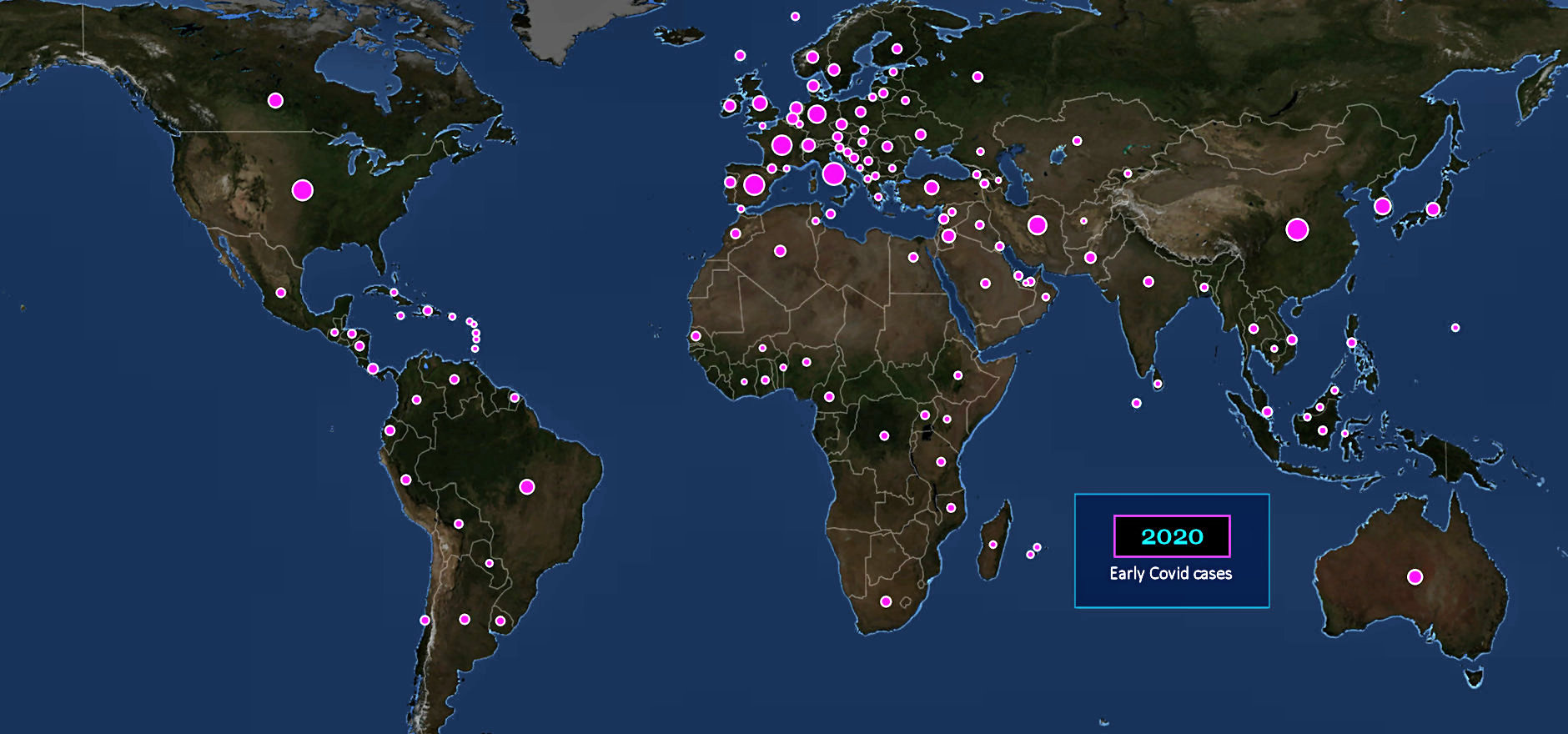 Global Covid pandemic cases, 2020 map